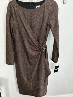 DKNY Metallic Brown Wrap Sheath Dress size 6 NWT